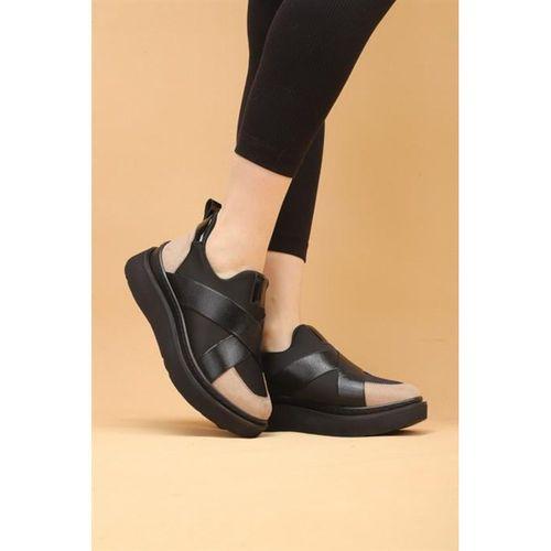 Nesica Siyah-Bej Renkli Süet Deri Lastikli Paraşüt Kumaş Yürüyüş Ayakkabı