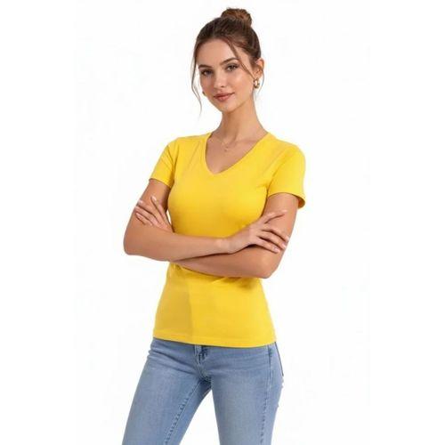T-Shirt V Yaka Slim Fit Likralı Tişört Günlük Basic Body - Sarı