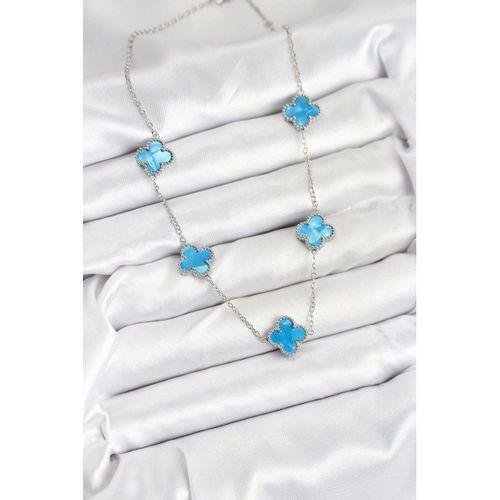 316L Çelik Zincir Gümüş Buz Mavisi Renk Yonca Kadın Kolye