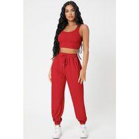 Kadın Kırmızı Kaşkorse Cepli Jogger Eşofman Altı Ve Crop Top Bluz