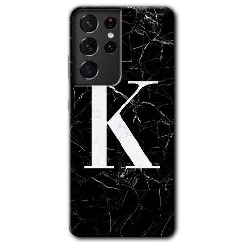 Galaxy S21 Ultra Kılıf HD Desen Baskılı Arka Kapak - Siyah Mermer Desenli K Harfi + Kırılmaz Cam