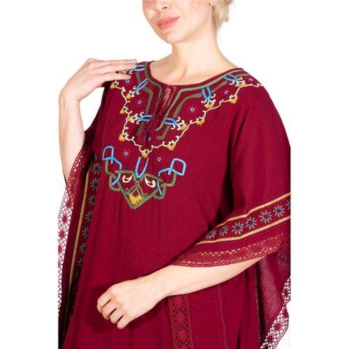 Kısa Kol Şile Bezi Gülseren Uzun Yazlık Otantik Elbise Bordo Brd