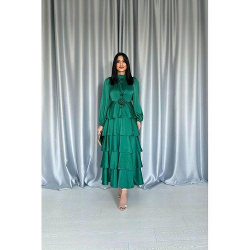 Zümrüt Saten Büzgülü Kat Kat Elbise