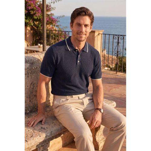 Balzac Yakası Şeritli Düğmeli Polo Yaka Basic Günlük Petek Örgü Triko Erkek T-Shirt - Lacivert
