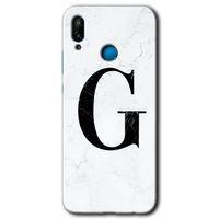 Huawei P20 Lite Kılıf HD Desen Baskılı Arka Kapak + Temperli Cam - Beyaz Mermer Desenli G Harfi