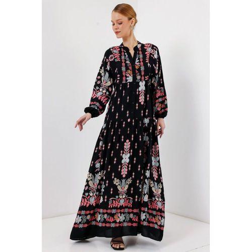 2423 Otantik Desenli Tesettür Elbise - Siyah - Kiremit