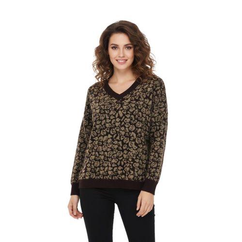 Kadın V Yaka Leopar Desen Sakallı Triko Kazak BGL-ST05079