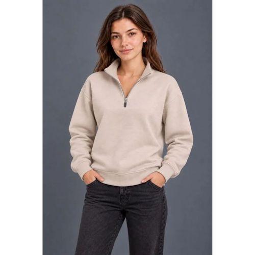 Üç İplik İçi Şardonlu Dik Yaka Yarım Fermuarlı Kışlık Sweatshirt - Bej