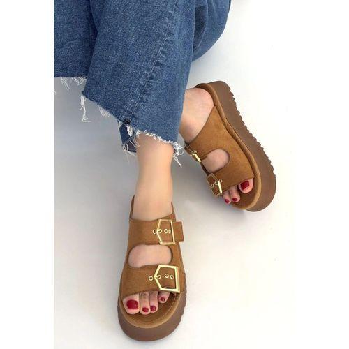 Coer Taba Süet Çift Tokalı Terlik