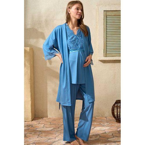Sıfır Kol V Yaka Kadın Viskon Düz Yazlık Uzun Dantel Detaylı Hamile Pijama Takımı Sabahlık
