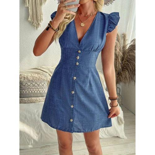 Kadın Fırfır Kollu V Yakalı Düğmeli Keten Elbise