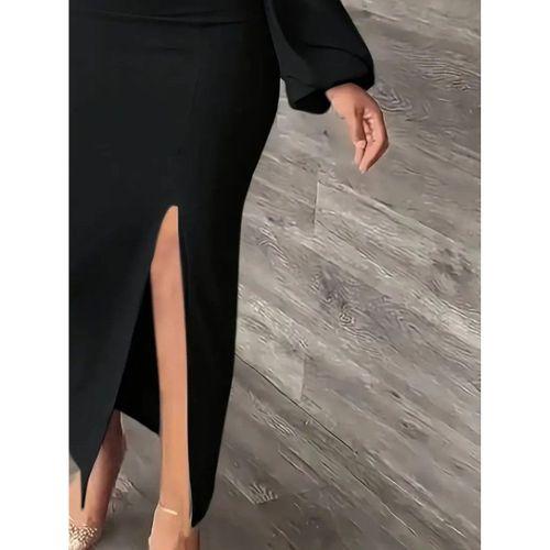 Kadın Uzun Kollu Geometrik Yakalı Yandan Yırtmaçlı Uzun Janjan Krep Elbise