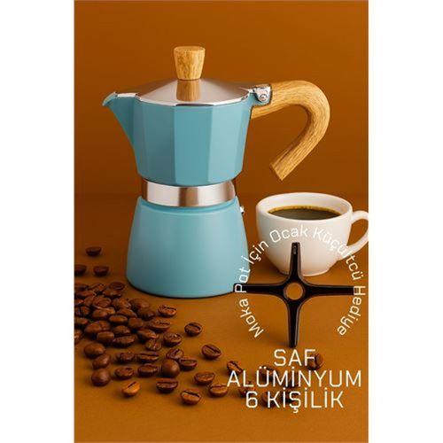 Zhltools Italyan Moka Pot - 6061 Saf Alüminyum  Ahşap Saplı - 6 kişilik MAVİ