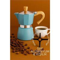 Zhltools Italyan Moka Pot - 6061 Saf Alüminyum  Ahşap Saplı - 6 kişilik MAVİ