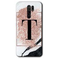 Xiaomi Redmi 9 HD Baskılı Kılıf + 9D Tam Ekran Koruyucu - Pembe Mermer Desenli T Harfi