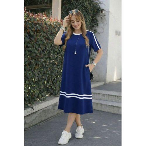 Kadın Kısa Kollu Bisiklet Yaka şerit Detaylı Midi Viskon Elbise