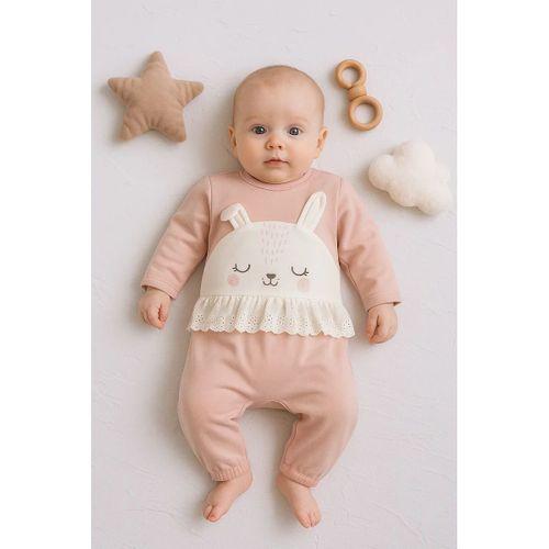 Tavşan Nakışlı Güpürlü % 100 Pamuk Kız Bebek Tulum