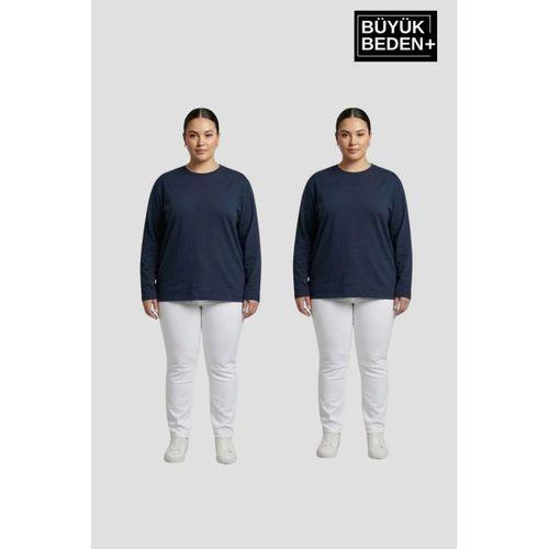 Kadın Büyük Beden 2 li Set Uzun Kollu 2 İplik Bisiklet Yaka Tişört SPR26BEA942+2