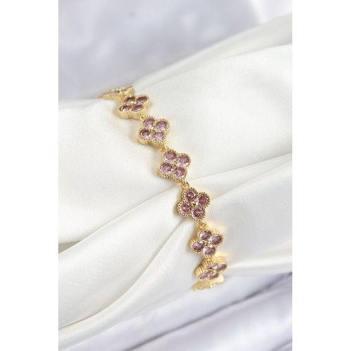 Pirinç Pembe Zirkon Taşlı Yonca Model Gold Renk VIP Seri Kadın Bileklik