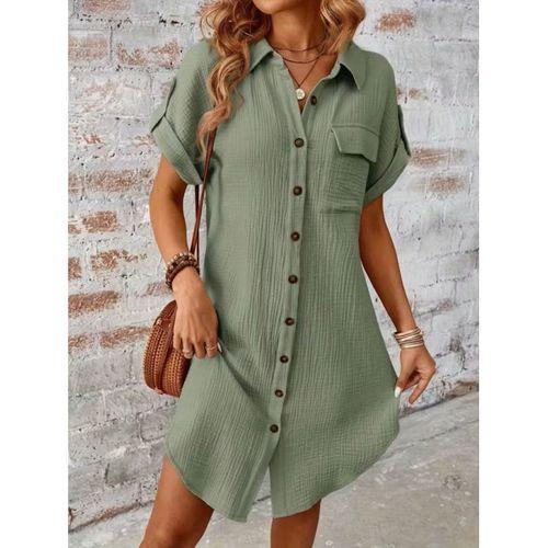 Kadın Kısa Kollu Yakalı önden Düğmeli Bürümcük Kısa Elbise