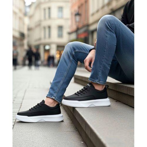 BA0332 Merdiven Desen Bağcıklı Erkek Yüksek Taban Siyah Cilt Beyaz Taban Spor Ayakkabı