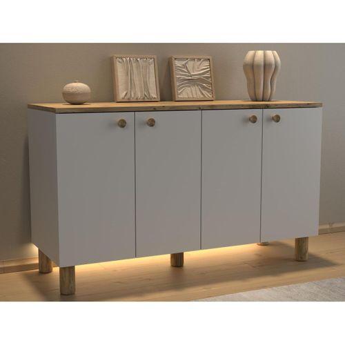 Nora Bohem Ledli Kahve Köşesi Dolabı Konsol Çok Amaçlı Dolap Mutfak Dolabı 120 Cm 4 Kapaklı  Atlantik Çam / Beyaz