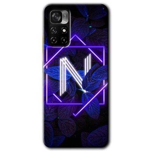 MRCİLETİSİM Poco M4 Pro 5G Kılıf HD Desen Baskılı Arka Kapak + Temperli Cam - Dark Neon Yaprak N Harfi