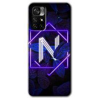 MRCİLETİSİM Poco M4 Pro 5G Kılıf HD Desen Baskılı Arka Kapak + Temperli Cam - Dark Neon Yaprak N Harfi
