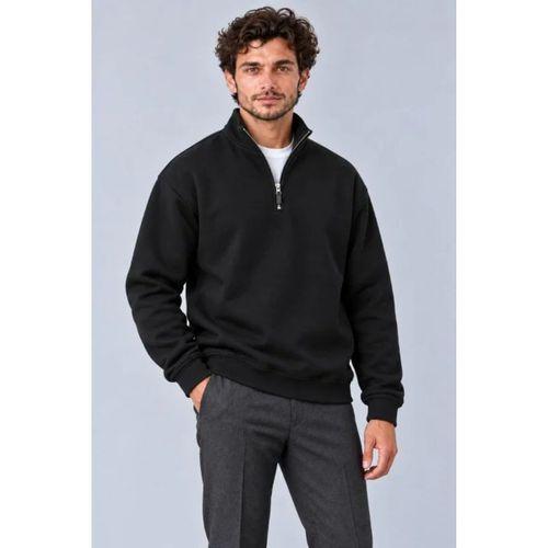 Erkek Üç İplik İçi Şardonlu Dik Yaka Yarım Fermuarlı Kışlık Sweatshirt - Siyah