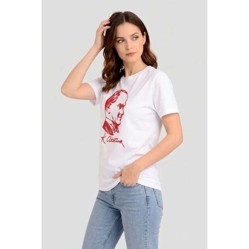 Atatürk Baskılı Tişört Kısa Kollu Bisiklet Yaka T-Shirt - Beyaz