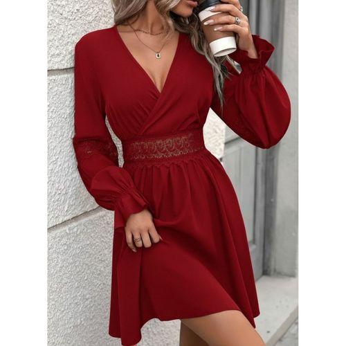 Kadın Uzun Kollu Kruvaze Yakalı Dantelli Fermuar Detaylı Mini Ithal Krep Elbise