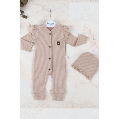 Boydan Düğmeli Şapkalı % 100 Pamuk Kız Bebek Tulumu