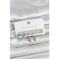 316L Çelik Gümüş Renk Kalp Detaylı Kadın Küpe Seti