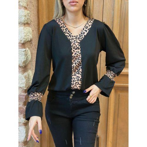 Kadın Uzun Kollu V Yakalı Leopar Detaylı Krep Bluz