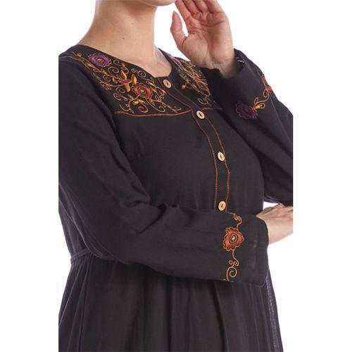 Uzun Kol Bisiklet Yaka Nakışlı Vual Siyah İlkbahar & Yazlık Elbise