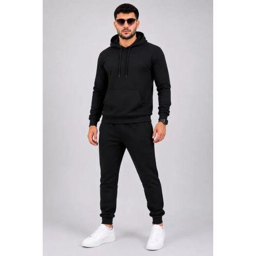 Erkek İki İplik Kapüşonlu Kanguru Cepli Sweatshirt Jogger Pantolon Alt Üst Eşofman Takımı -Siyah