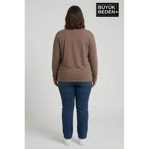 Kadın Büyük Beden Uzun Kollu 2 İplik Bisiklet Yaka Tişört