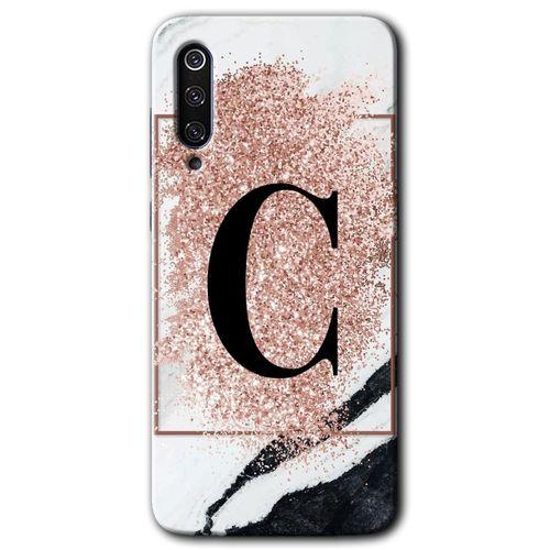 MRCİLETİSİM Xiaomi Mi 9 Kılıf HD Desen Baskılı Arka Kapak+Temperli Cam - Pembe Mermer Desenli C Harfi