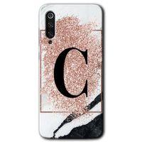 MRCİLETİSİM Xiaomi Mi 9 Kılıf HD Desen Baskılı Arka Kapak+Temperli Cam - Pembe Mermer Desenli C Harfi