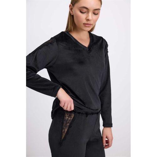 Kadın Uzun Kollu, Kadife Dokulu, Dantel Detaylı, Tişört Ve Pantolon Pijama Takımı