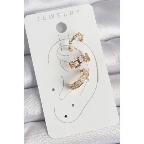 Pirinç Gold Renk Kare Model Zirkon Taşlı 3'Lü Model Kadın Kıkırdak Küpe