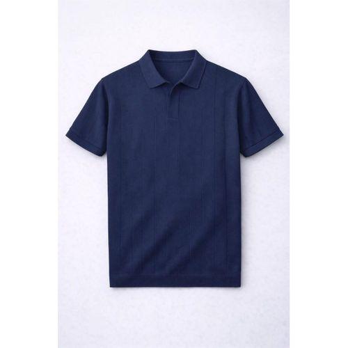 Elatus Çizgili V Yaka İnce Triko Relaxed Fit Polo Yaka Erkek T-Shirt - Lacivert