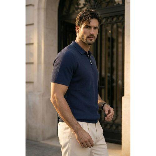 Jeff Selanik Örgü Polo Yaka Yarım Fermuarlı İnce Triko Erkek T-Shirt - Lacivert