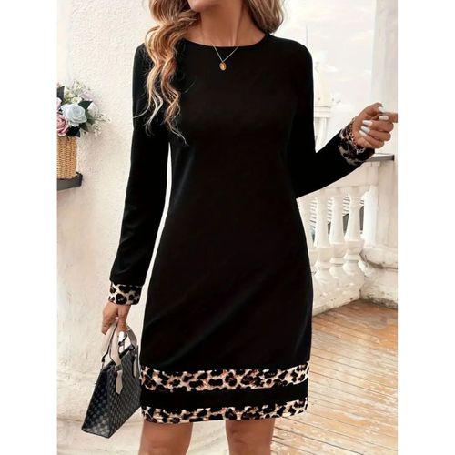 Kadın Uzun Kollu Bisiklet Yaka şerit Leopar Desenli Kısa Dalgıç Elbise