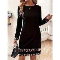 Kadın Uzun Kollu Bisiklet Yaka şerit Leopar Desenli Kısa Dalgıç Elbise