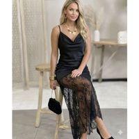 Kadın Omuz Askılı Fantel Güpür Transparan Detay Saten Elbise