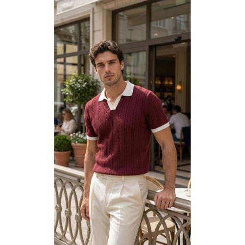 Erkek Örgü Desen Yakalı Kısa Kollu Triko Tişört - %100 Pamuk Akrilik