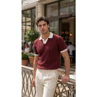 Erkek Örgü Desen Yakalı Kısa Kollu Triko Tişört - %100 Pamuk Akrilik