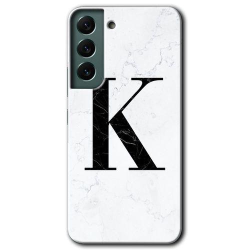 MRCİLETİSİM Samsung Galaxy S22 Kılıf HD Desen Baskılı Arka Kapak + Temperli Cam - Beyaz Mermer Desenli K Harfi