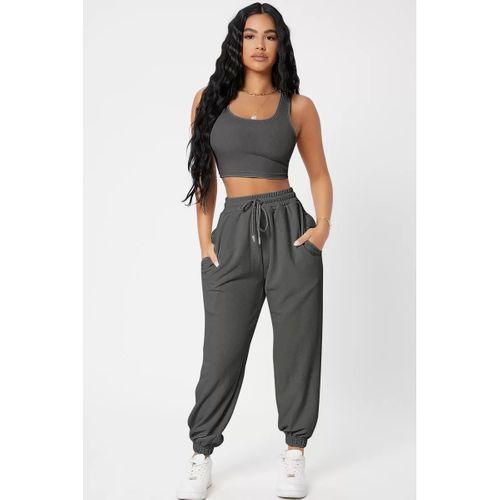 Kadın Antrasit Gri Kaşkorse Cepli Jogger Eşofman Altı Ve Crop Top Bluz